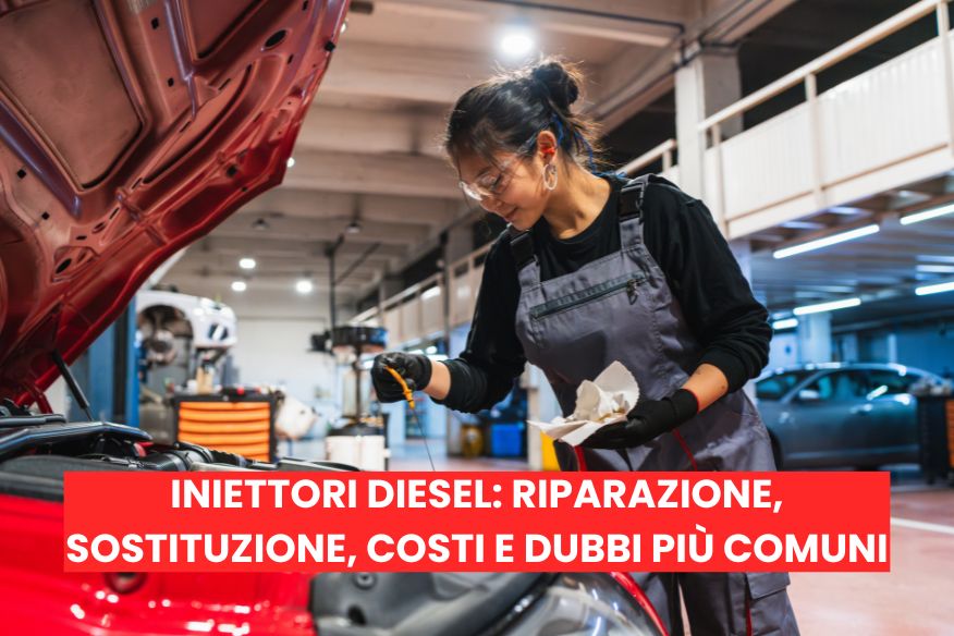 Un meccanico donna controlla l'olio della vettura con il cofano aperto nella sua officina